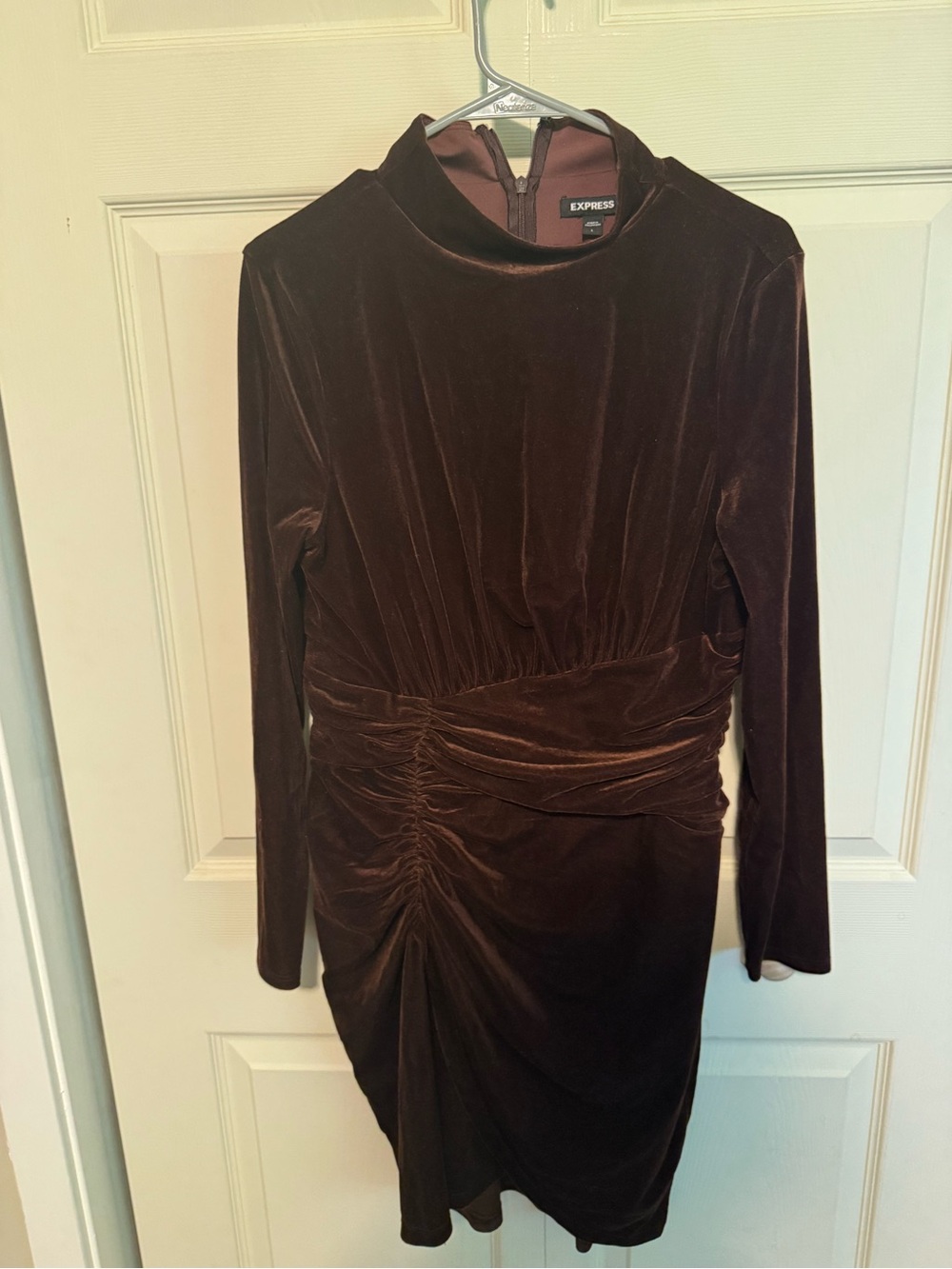 Express Women's Chocolate Brown Velvet Ruched Long Sleeve Dress